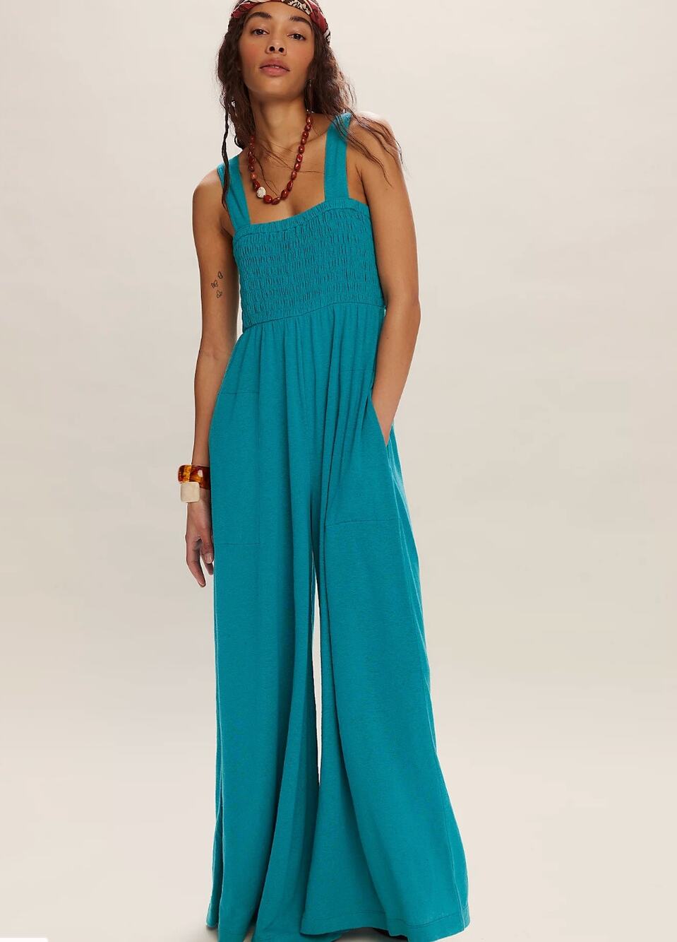 FP Beach Homecoming One Piece Jumpsuit in Lake Teal Linen Blend S Beach Resort